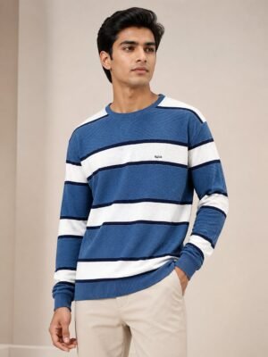 Trendy Dark Blue Stripe Full T-Shirt for Men & Premium