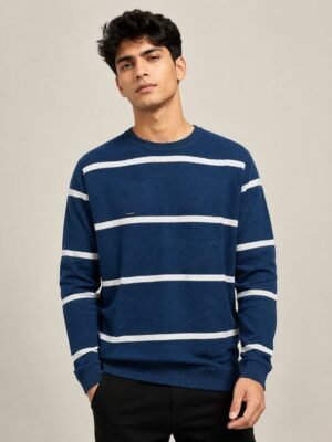 Classic Dark Blue Stripe Full T-Shirt for Men & Stylish