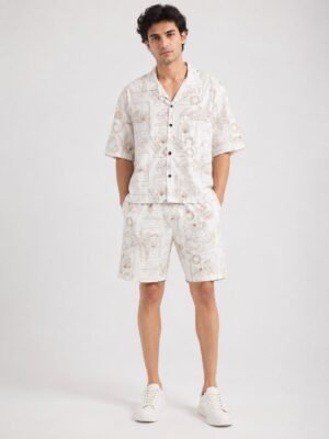 Trendy White Printed Cotton Cord Set for Men