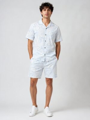 Printed Stylish Sky Blue Cotton Cord Set for Men