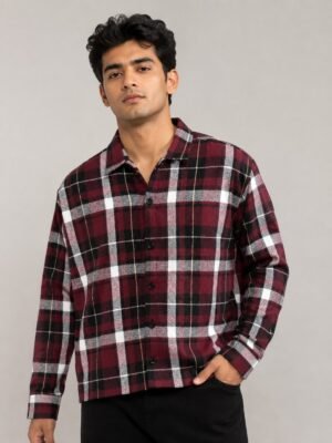 Buy Stylish Boxy Fit Maroon Checks Full Shirt for Men