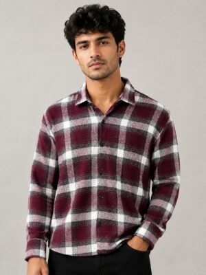 Buy Trendy Boxy Fit Maroon Checks Full Shirt for Men