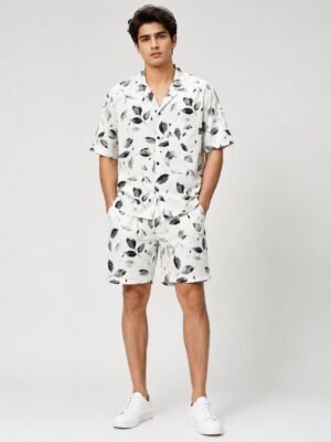 Classic White Printed Cotton Cord Set for Men