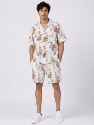 Premium White Brown Printed Cord Set for Men