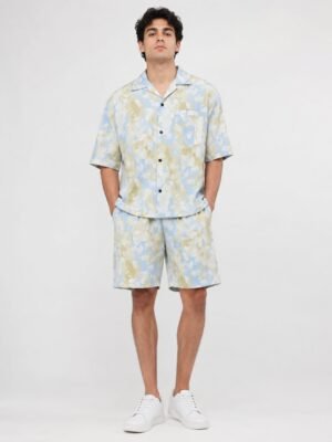 Printed Sky Blue Cotton Cord Set for Men